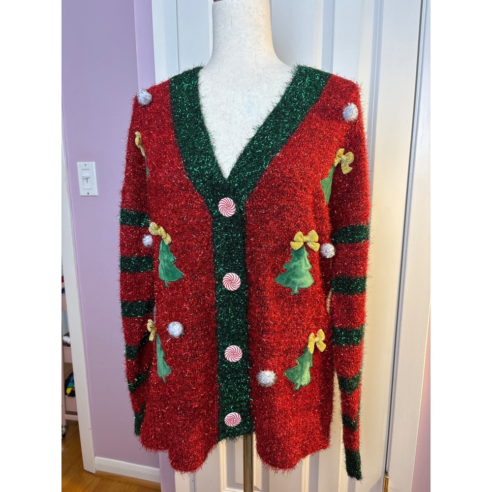 Jollidays Womens Ugly Christmas Sweater Cardigan Peppermint Buttons Red Green XS
